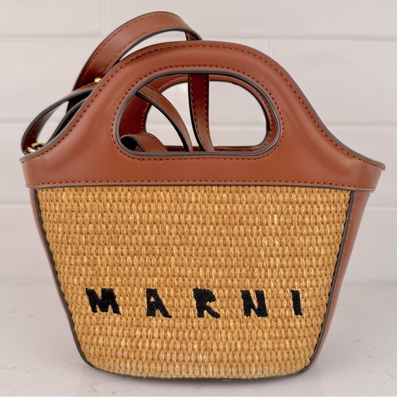 Marni Tropicalia Micro Bag in brown leather and raffia-effect fabric - Picture 9 of 9